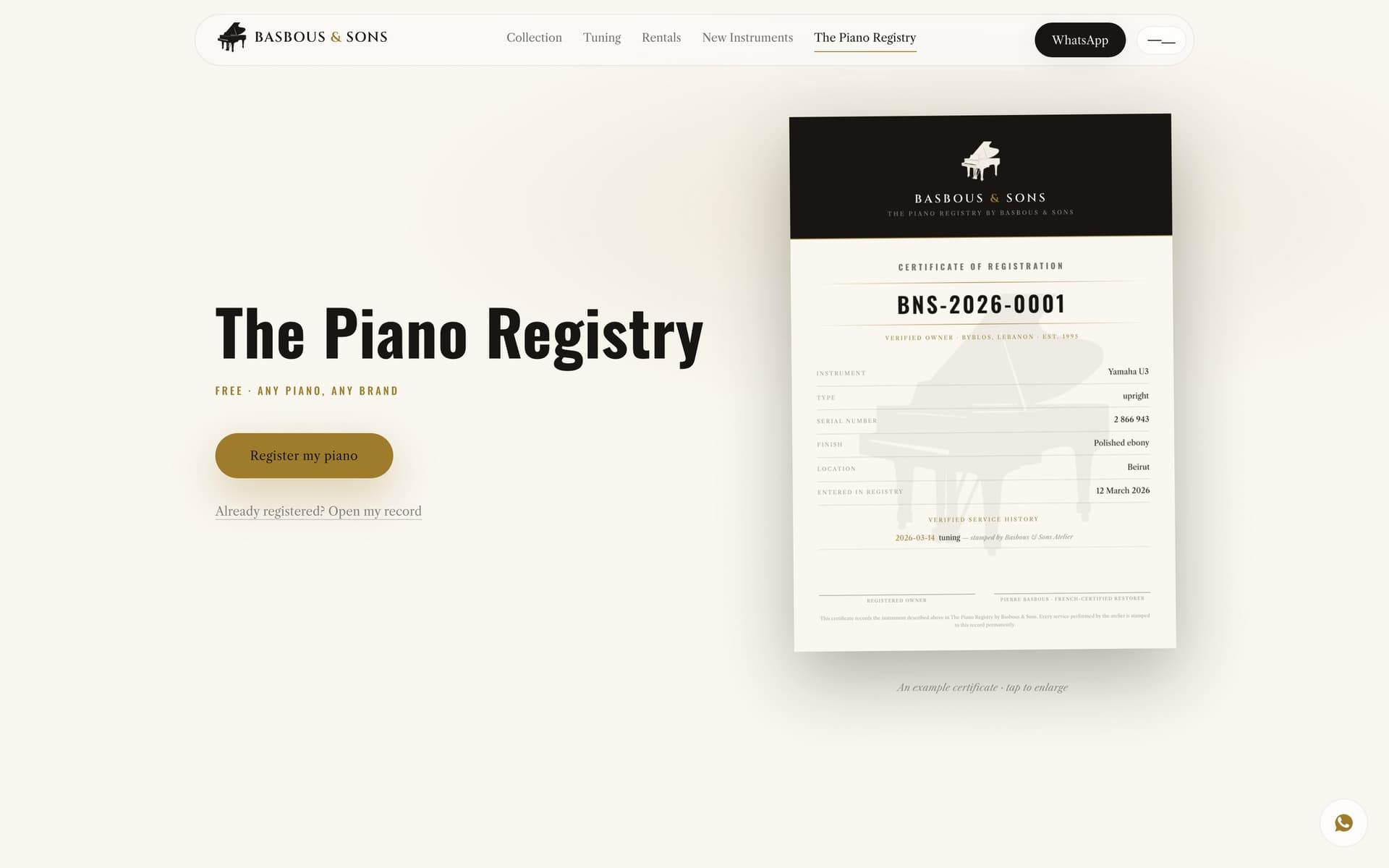 The Piano Registry page on basbousandsons.com